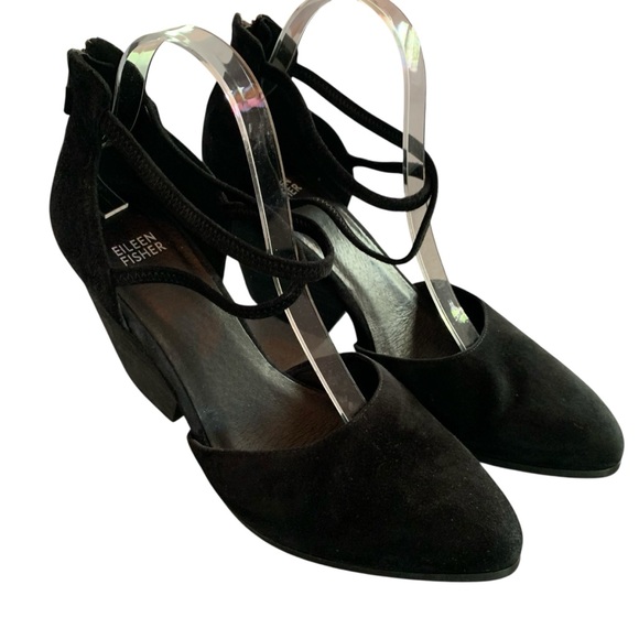 Eileen Fisher sz 10 Tilda Black Suede Rear Zip Stacked Heel Pumps Wedges Straps - Picture 2 of 11